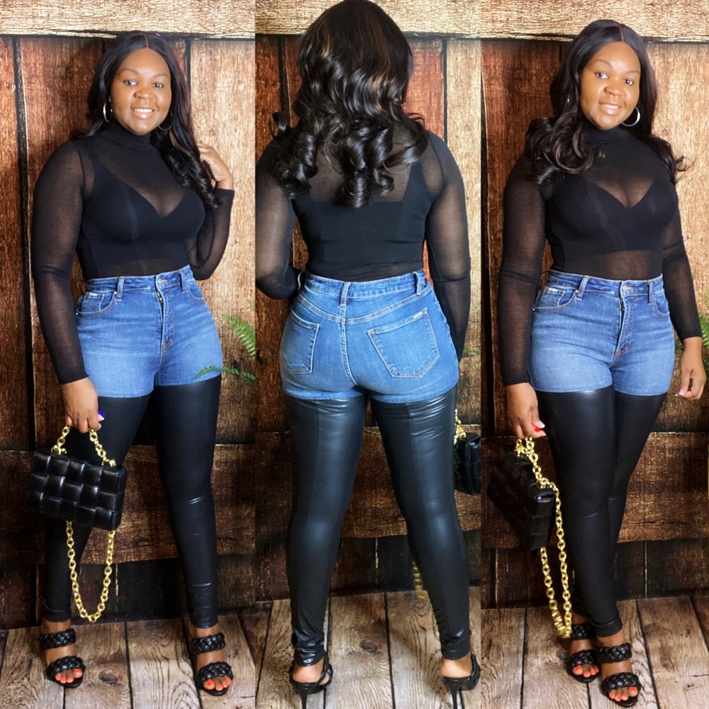 Denim and Leather High Waist Jeans